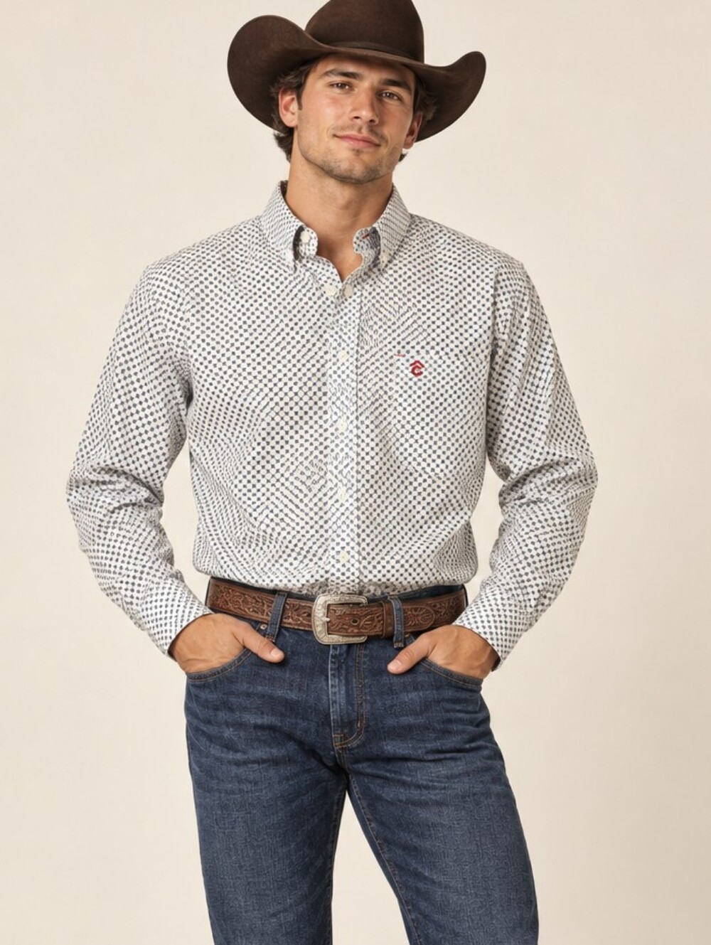 Mens Rafter‎ C Western Button Up Shirt Large Long Sleeve Blue White Workwear